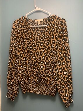 Michael Kors Leopard Print V-Neck Blouse - Tan & Black